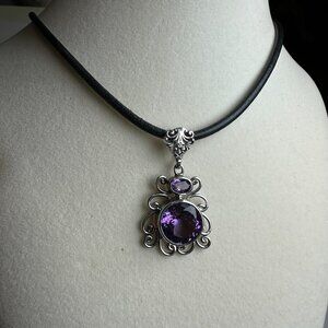 Artisan Amethyst Pendant – Large Natural Stones – Ornate Scroll Design pre-owned